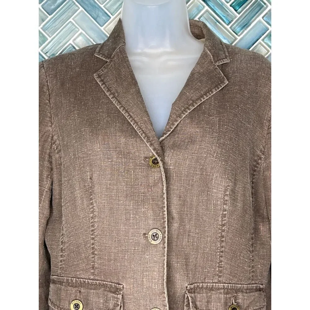 MICHAEL MICHAEL KORS WOMENS BROWN NEUTRAL LINEN BLEND FITTED JACKET BLAZER SZ 10